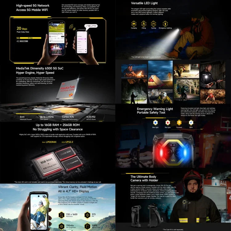 Ulefone Armor Mini 20 Pro, 8GB+256GB, โทรศัพท์กันน้ำกันฝุ่น IP68/IP69K, 4.7 นิ้ว Android 14 MediaTek Dimensity 6300 5G Octa Core, เครือข่าย: 5G, NFC, OTG, Armor Mini 20 Pro