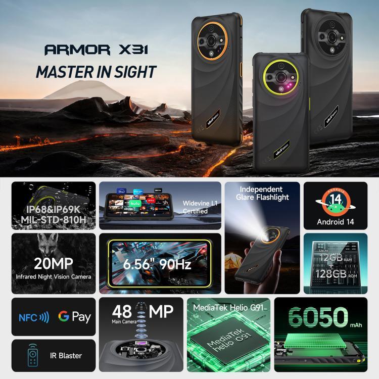 Ulefone Armor X31, 6GB+128GB, กล้องมองกลางคืน, โทรศัพท์กันกระแทก IP68/IP69K, 6.56 นิ้ว Android 14 MediaTek Helio G91 Octa Core, เครือข่าย: 4G, NFC, OTG, Armor X31
