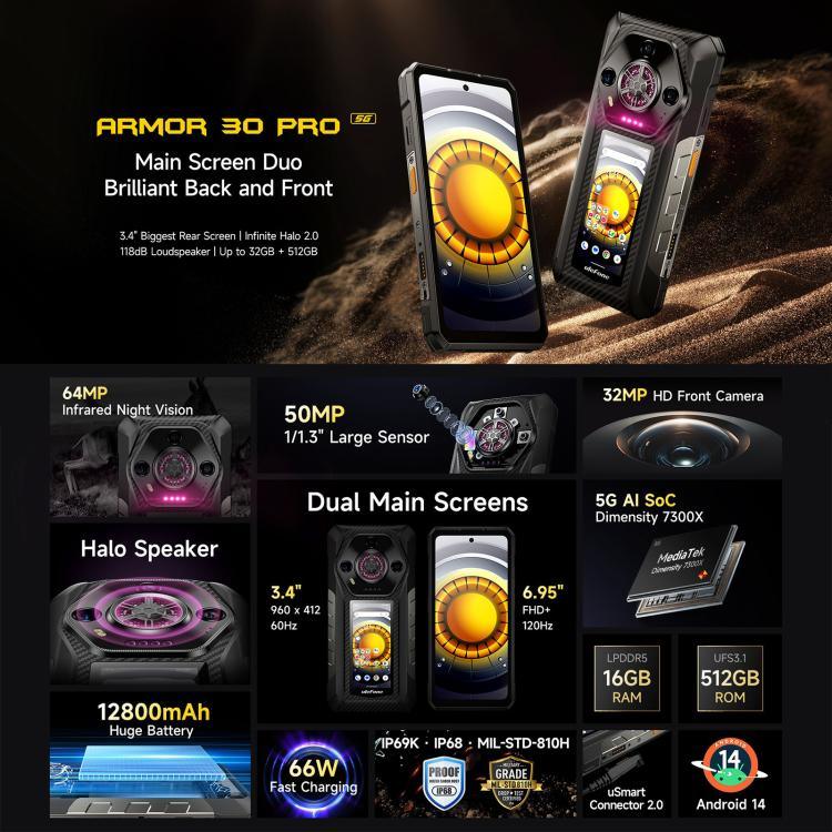Ulefone Armor 30 Pro โทรศัพท์กันกระแทก, 16GB+512GB, กล้องมองกลางคืน, หน้าจอคู่ 6.95 นิ้ว + 3.4 นิ้ว Android 14 MediaTek Dimensity 7300X Octa Core, เครือข่าย: 5G, OTG, NFC, Armor 30 Pro