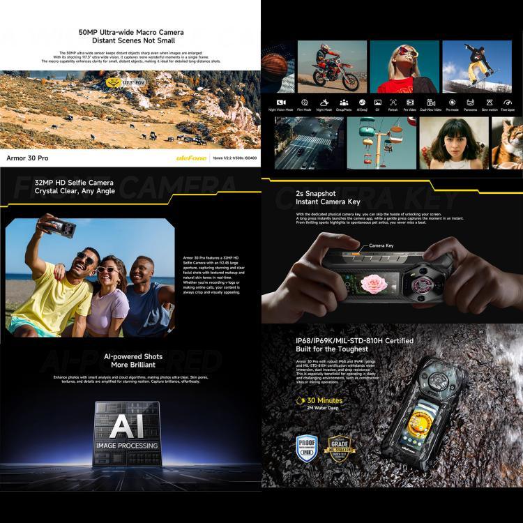 Ulefone Armor 30 Pro โทรศัพท์กันกระแทก, 16GB+512GB, กล้องมองกลางคืน, หน้าจอคู่ 6.95 นิ้ว + 3.4 นิ้ว Android 14 MediaTek Dimensity 7300X Octa Core, เครือข่าย: 5G, OTG, NFC, Armor 30 Pro