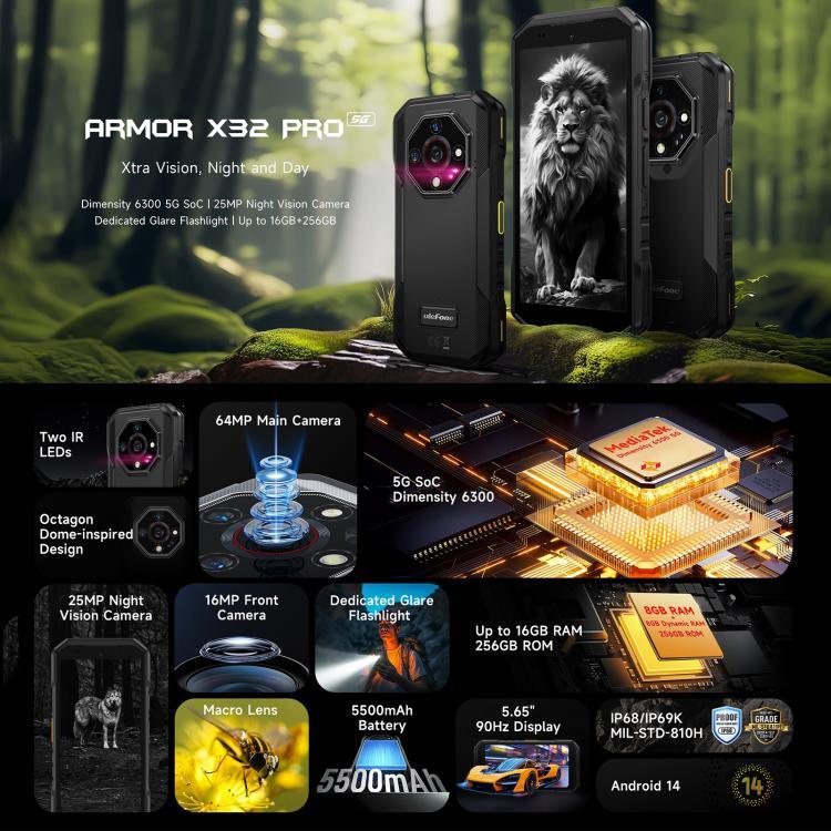 Ulefone Armor X32 Pro 5G, 8GB+256GB, กล้องมองกลางคืน, โทรศัพท์กันกระแทก IP68/IP69K, 5.65 นิ้ว Android 14 MediaTek Dimensity 6300 Octa Core, เครือข่าย: 5G, NFC, OTG, Armor X32 Pro 5G