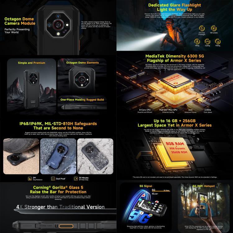 Ulefone Armor X32 Pro 5G, 8GB+256GB, กล้องมองกลางคืน, โทรศัพท์กันกระแทก IP68/IP69K, 5.65 นิ้ว Android 14 MediaTek Dimensity 6300 Octa Core, เครือข่าย: 5G, NFC, OTG, Armor X32 Pro 5G