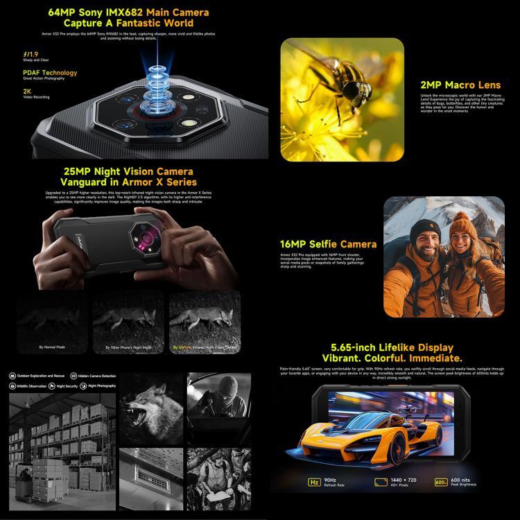 Ulefone Armor X32 Pro 5G, 8GB+256GB, กล้องมองกลางคืน, โทรศัพท์กันกระแทก IP68/IP69K, 5.65 นิ้ว Android 14 MediaTek Dimensity 6300 Octa Core, เครือข่าย: 5G, NFC, OTG, Armor X32 Pro 5G