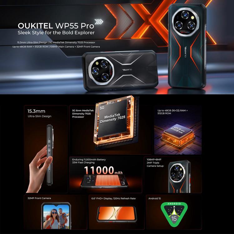 Oukitel WP55 Pro 5G โทรศัพท์กันกระแทก, 16GB+512GB, กล้อง 108MP, สแกนนิ้วมือ, 6.6 นิ้ว Android 15 MediaTek Dimensity 7025 Octa Core, NFC, OTG, เครือข่าย: 5G, WP55 Pro