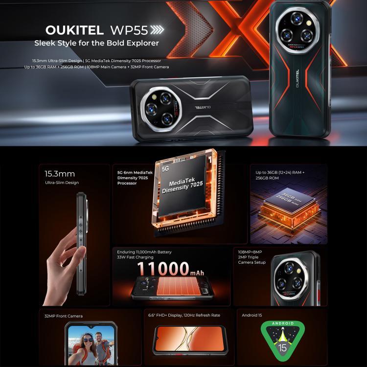 Oukitel WP55 5G โทรศัพท์กันกระแทก, 12GB+256GB, กล้อง 108MP, สแกนนิ้วมือ, 6.6 นิ้ว MediaTek Dimensity 7025 Octa Core, NFC, OTG, เครือข่าย: 5G, WP55