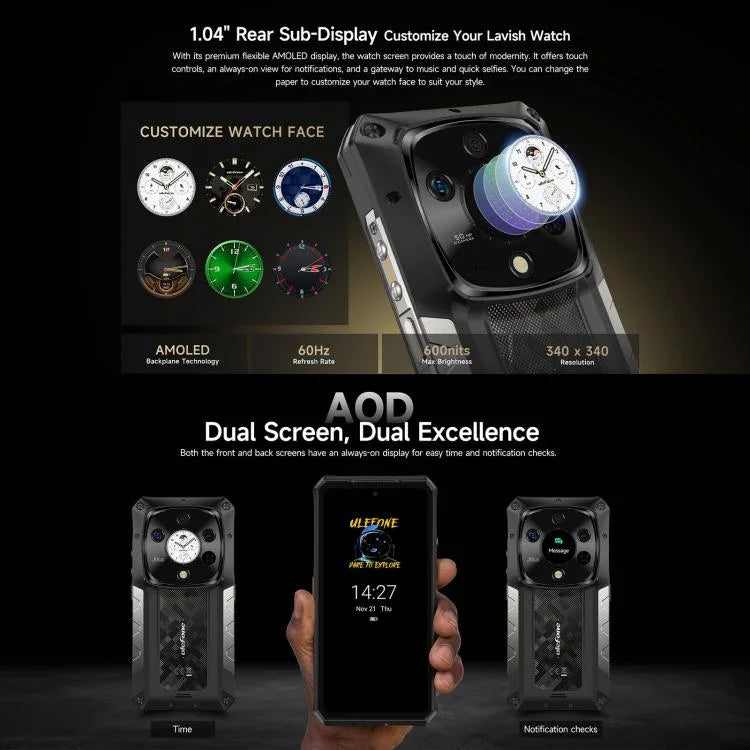 Ulefone Armor 28 Pro โทรศัพท์กันกระแทก, 16GB+512GB, มองเห็นในที่มืด, 10600mAh, 6.67 นิ้ว + 1.04 นิ้ว Android 15 MediaTek Dimensity 7300 Octa Core, เครือข่าย: 5G, NFC
