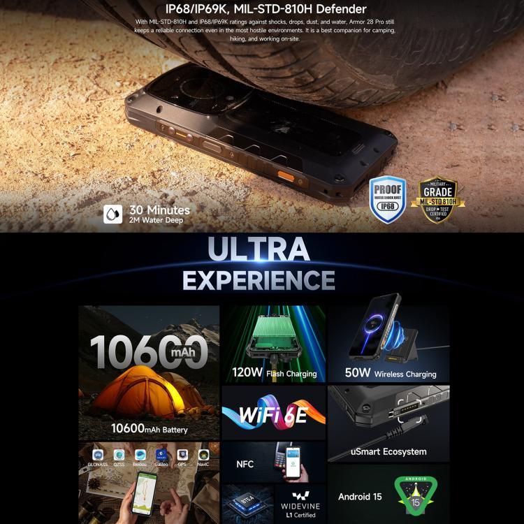 Ulefone Armor 28 Pro โทรศัพท์กันกระแทก, 16GB+512GB, มองเห็นในที่มืด, 10600mAh, 6.67 นิ้ว + 1.04 นิ้ว Android 15 MediaTek Dimensity 7300 Octa Core, เครือข่าย: 5G, NFC