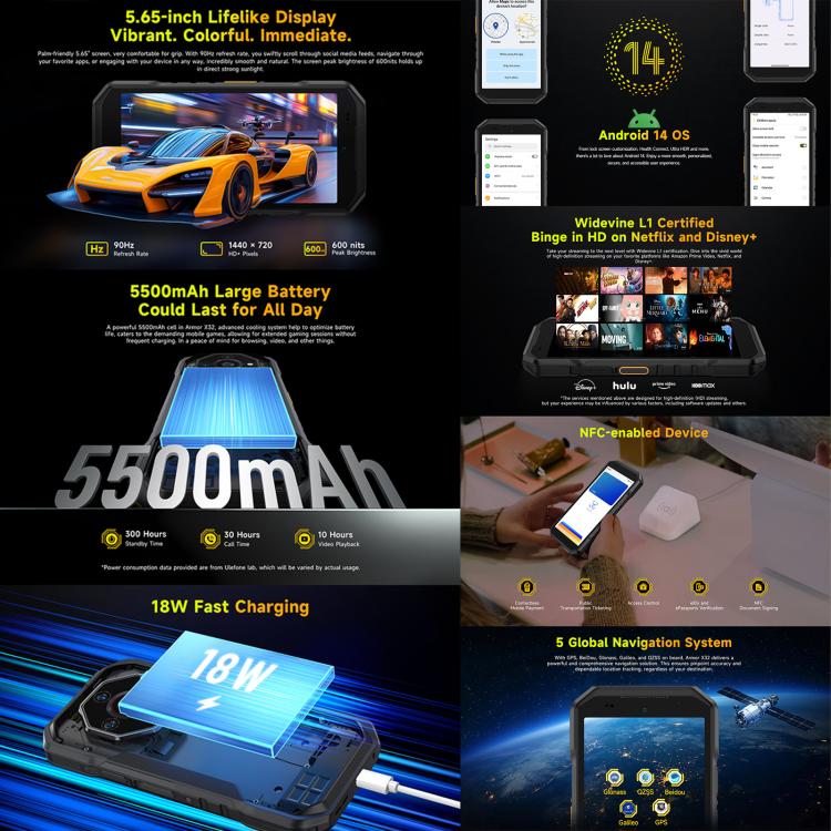 Ulefone Armor X32 โทรศัพท์กันกระแทก, 8GB+256GB, มองเห็นในที่มืด, 5.65 นิ้ว Android 14 MediaTek Helio G91 Octa Core, เครือข่าย: 4G, NFC, OTG