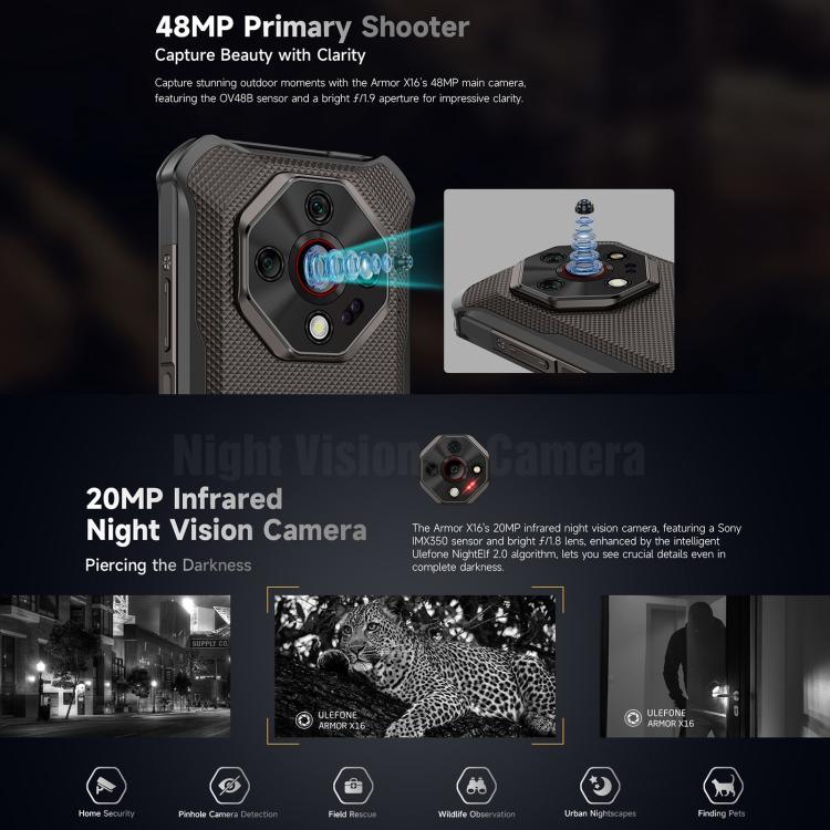 Ulefone Armor X16, 6GB+128GB, กล้องมองเห็นในที่มืด, โทรศัพท์กันน้ำกันฝุ่น IP68/IP69K, 6.56 นิ้ว Android 15 MediaTek Helio G91 Octa Core, เครือข่าย: 4G, NFC, OTG, Armor X16, 6GB+128GB