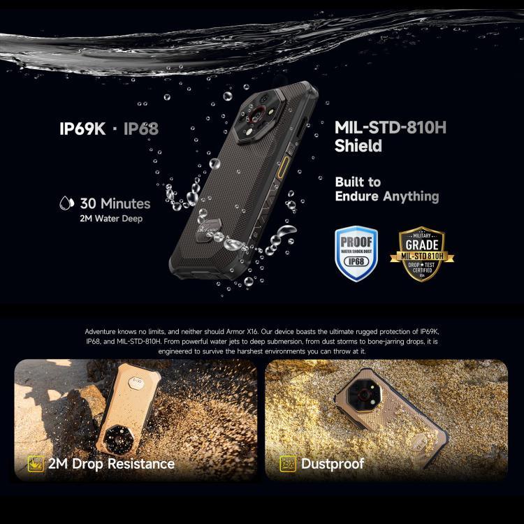 Ulefone Armor X16, 6GB+128GB, กล้องมองเห็นในที่มืด, โทรศัพท์กันน้ำกันฝุ่น IP68/IP69K, 6.56 นิ้ว Android 15 MediaTek Helio G91 Octa Core, เครือข่าย: 4G, NFC, OTG, Armor X16, 6GB+128GB