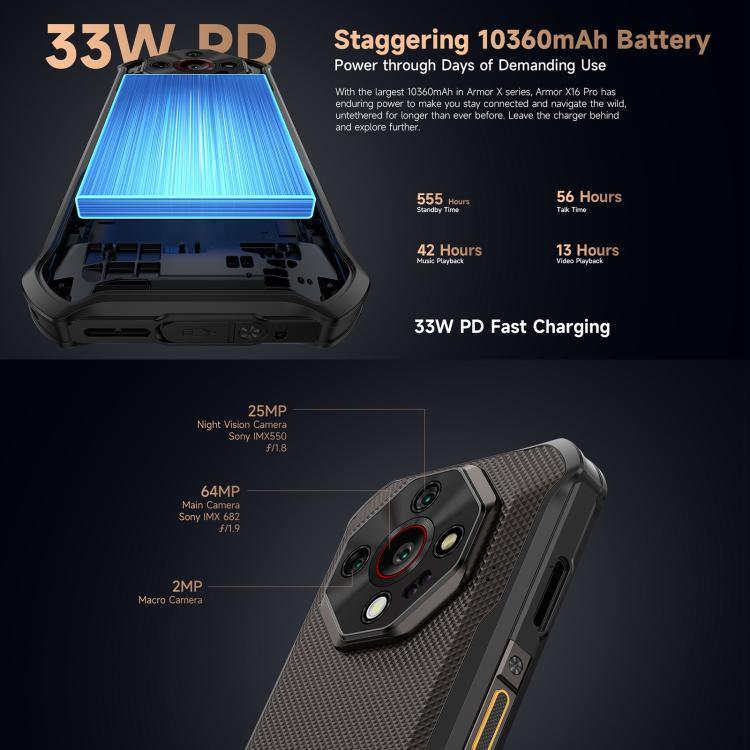 Ulefone Armor X16 Pro, 5GB+256GB, กล้องมองเห็นในที่มืด, โทรศัพท์กันน้ำกันฝุ่น IP68/IP69K, 6.56 นิ้ว Android 15 MediaTek Dimensity 6300 Octa Core, เครือข่าย: 5G, NFC, OTG, Armor X16 Pro, 8GB+256GB
