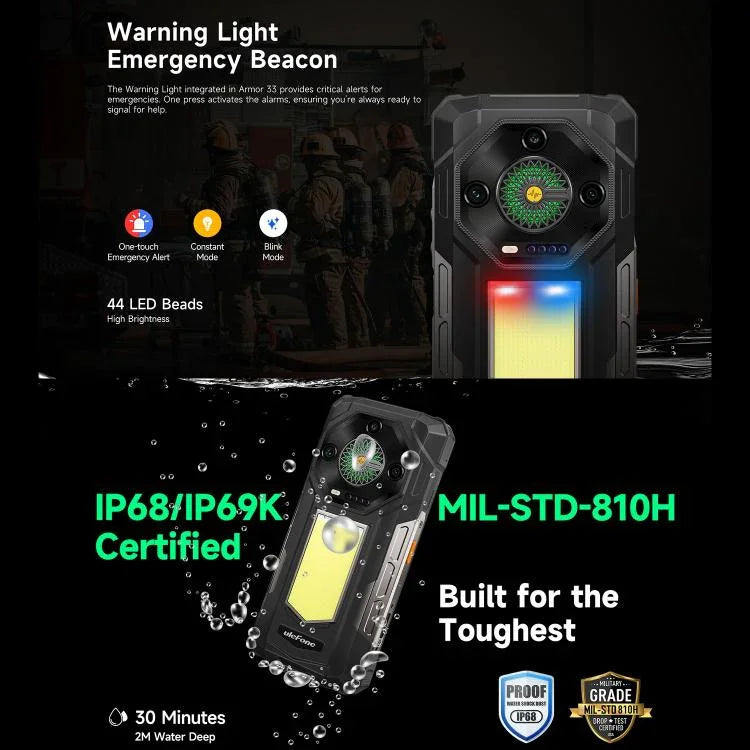 Ulefone Armor 33 โทรศัพท์กันกระแทก, 12GB+512GB, 6.95 นิ้ว Android 15 MediaTek Helio G100 Octa Core, เครือข่าย: 4G, OTG, NFC, ไฟ LED, Armor 33