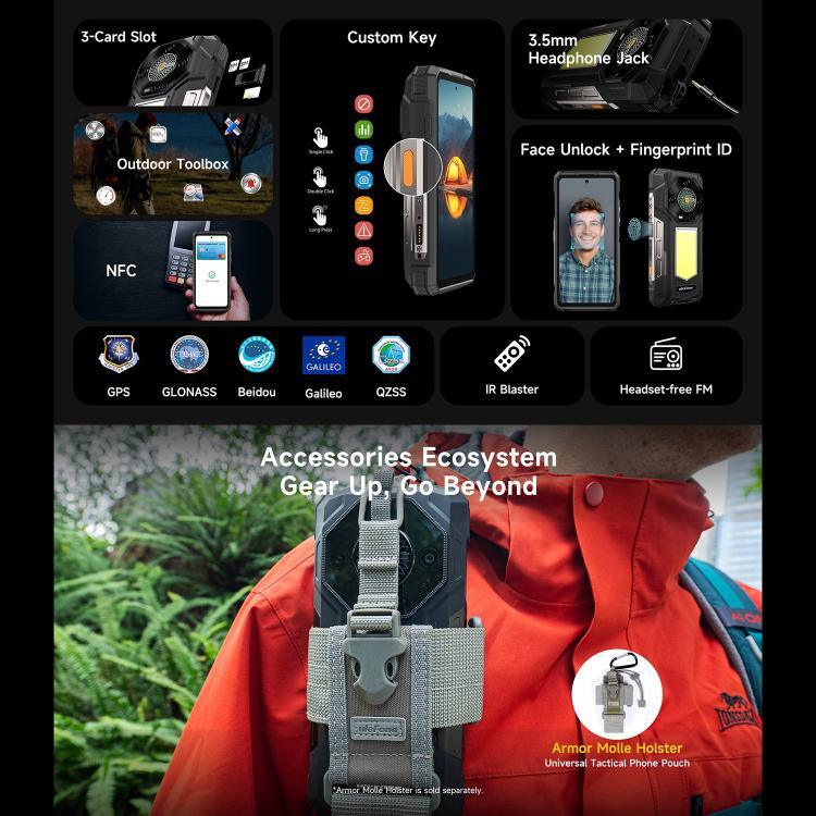 Ulefone Armor 33 โทรศัพท์กันกระแทก, 12GB+512GB, 6.95 นิ้ว Android 15 MediaTek Helio G100 Octa Core, เครือข่าย: 4G, OTG, NFC, ไฟ LED, Armor 33