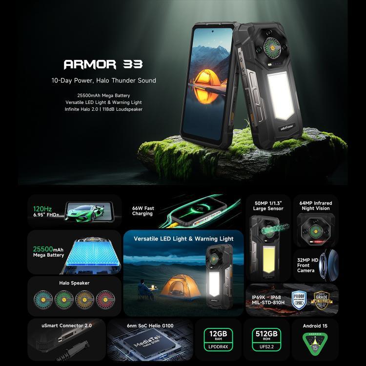 Ulefone Armor 33 โทรศัพท์กันกระแทก, 12GB+512GB, 6.95 นิ้ว Android 15 MediaTek Helio G100 Octa Core, เครือข่าย: 4G, OTG, NFC, ไฟ LED, Armor 33