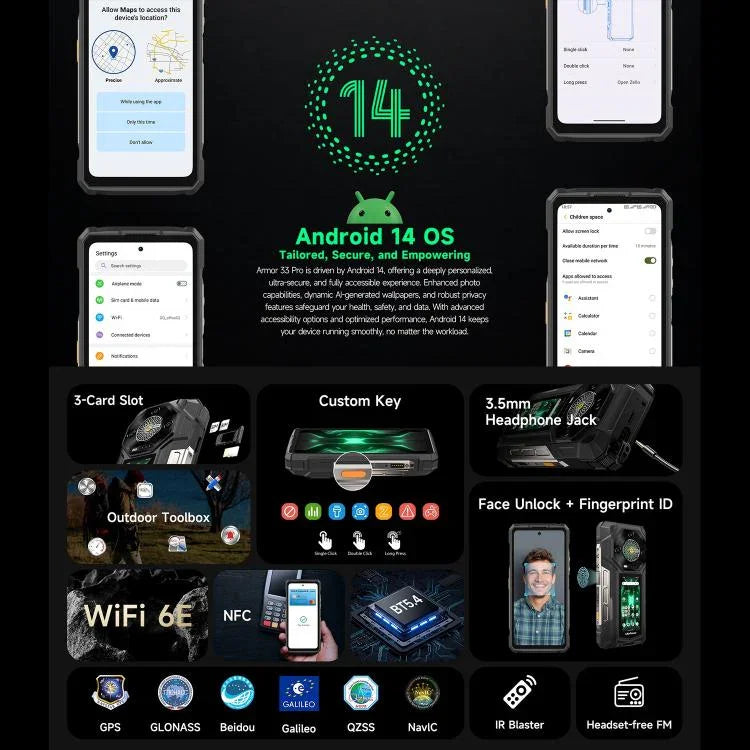 Ulefone Armor 33 Pro โทรศัพท์กันกระแทก, 16GB+512GB, กล้องมองเห็นในที่มืด, 6.95 นิ้ว + 3.4 นิ้ว จอคู่ Android 14 MediaTek Dimensity 7300X Octa Core, เครือข่าย: 5G, OTG, NFC, Armor 33 Pro