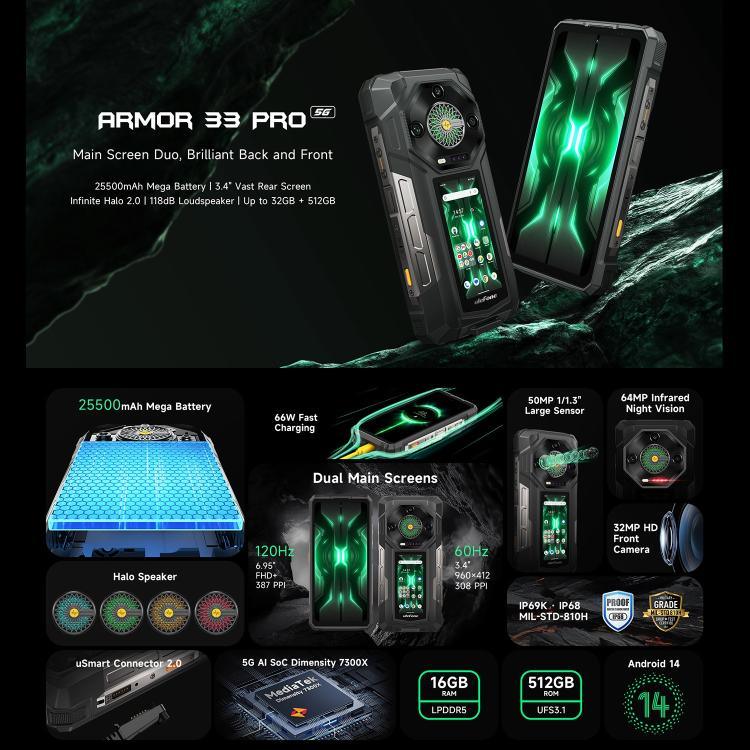 Ulefone Armor 33 Pro โทรศัพท์กันกระแทก, 16GB+512GB, กล้องมองเห็นในที่มืด, 6.95 นิ้ว + 3.4 นิ้ว จอคู่ Android 14 MediaTek Dimensity 7300X Octa Core, เครือข่าย: 5G, OTG, NFC, Armor 33 Pro