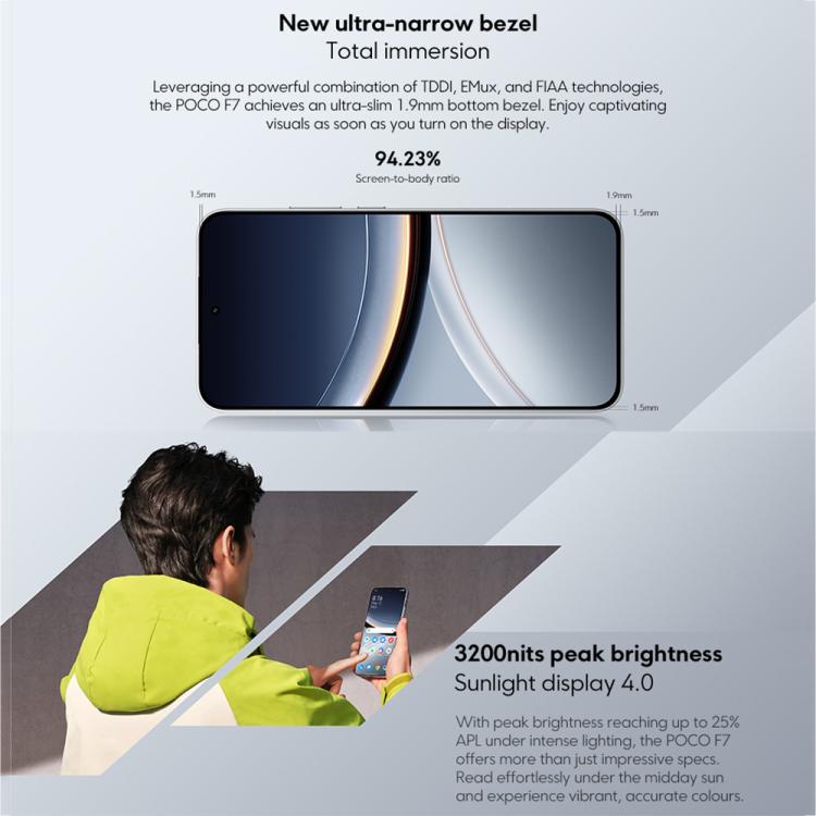 Xiaomi POCO F7 Global, 12GB+256GB, สแกนลายนิ้วมือบนหน้าจอ, 6.83 นิ้ว Xiaomi HyperOS 2 Snapdragon 8s Gen 4 Octa Core, NFC, เครือข่าย: 5G, 12GB+256GB