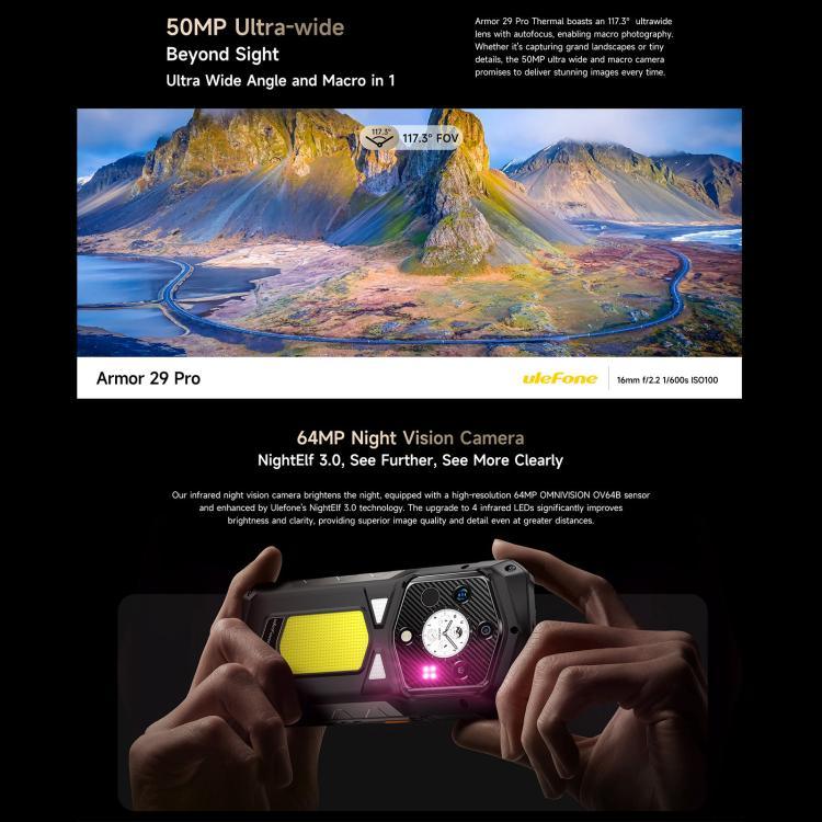 Ulefone Armor 29 Pro รุ่น Thermal โทรศัพท์กันกระแทก, 16GB+512GB, กล้องมองกลางคืน, 6.67 นิ้ว + 1.04 นิ้ว Android 15 MediaTek Dimensity 7400 Octa Core, เครือข่าย: 5G, OTG, NFC, รุ่น Armor 29 Pro Thermal