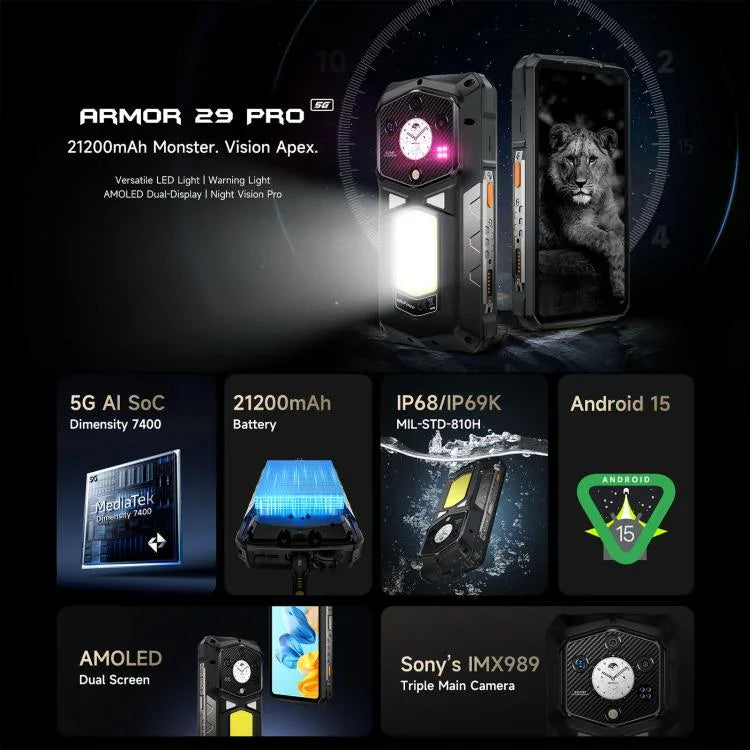 Ulefone Armor 29 Pro โทรศัพท์กันกระแทก, 16GB+512GB, กล้องมองกลางคืน, 6.67 นิ้ว + 1.04 นิ้ว Android 15 MediaTek Dimensity 7400 Octa Core, เครือข่าย: 5G, OTG, NFC, รุ่น Armor 29 Pro