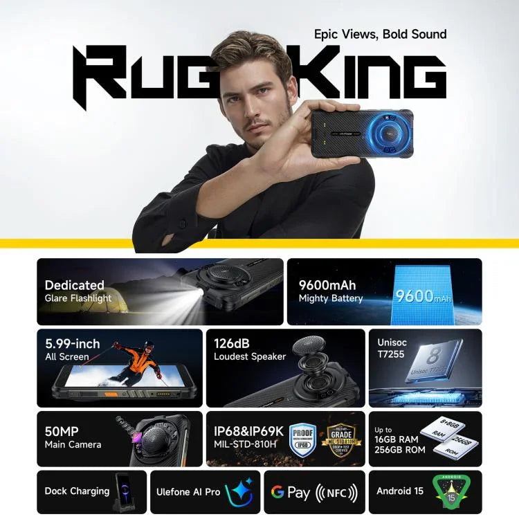 Ulefone RugKing, 8GB+256GB, โทรศัพท์กันน้ำกันฝุ่น IP68/IP69K, 5.99 นิ้ว Android 15 Unisoc T7255 Octa Core, เครือข่าย: 4G, NFC, OTG, RugKing, 8GB+256GB