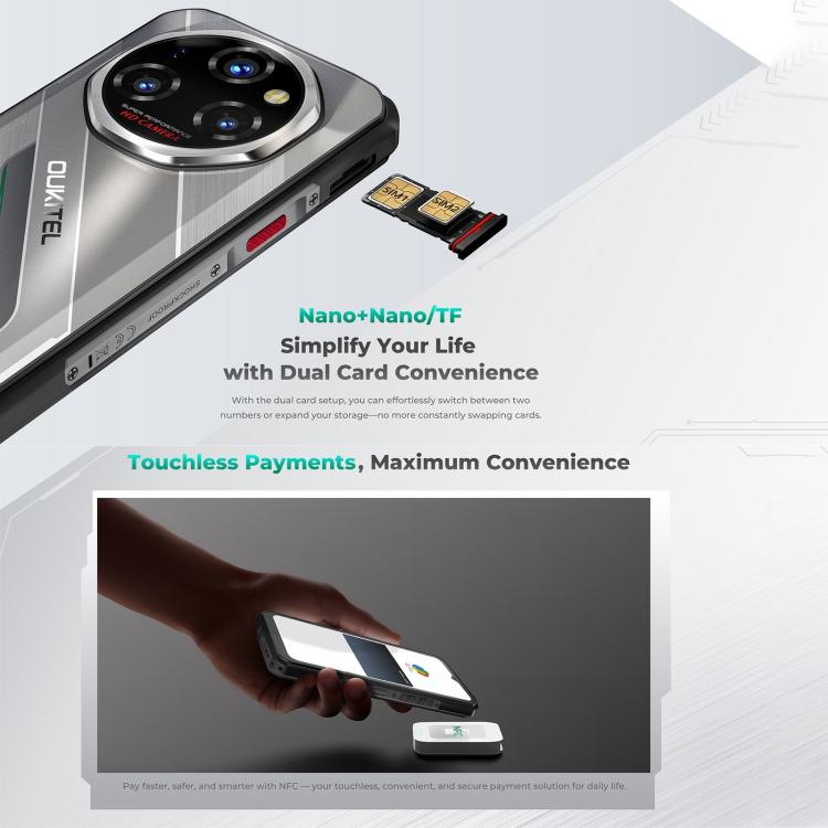 Oukitel WP62 โทรศัพท์กันกระแทก, 16GB+512GB, กล้อง 108MP, สแกนลายนิ้วมือ, 6.6 นิ้ว Android 15 MediaTek Dimensity 7025 Octa Core, NFC, OTG, เครือข่าย: 5G, 16GB+512GB