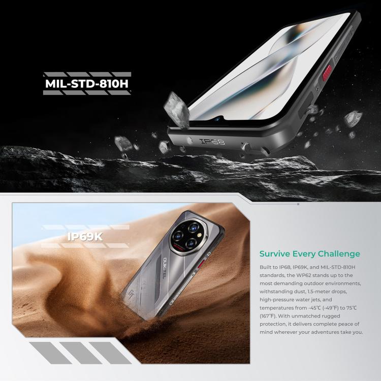 Oukitel WP62 โทรศัพท์กันกระแทก, 16GB+512GB, กล้อง 108MP, สแกนลายนิ้วมือ, 6.6 นิ้ว Android 15 MediaTek Dimensity 7025 Octa Core, NFC, OTG, เครือข่าย: 5G, 16GB+512GB
