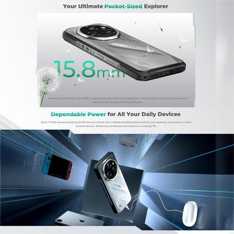Oukitel WP62 โทรศัพท์กันกระแทก, 8GB+256GB, กล้อง 108MP, สแกนลายนิ้วมือ, 6.6 นิ้ว Android 15 MediaTek Dimensity 7025 Octa Core, NFC, OTG, เครือข่าย: 5G, 8GB+256GB