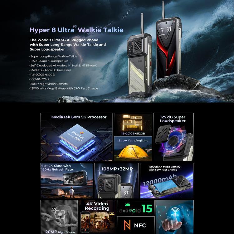 HOTWAV Hyper 8 Ultra โทรศัพท์เดินสายวิทยุแบบทนทาน, 12GB+512GB, 6.8 นิ้ว Android 15 MediaTek MT8791 Dimensity 7050 Octa Core, เครือข่าย: 5G, OTG, NFC, Hyper 8 Ultra