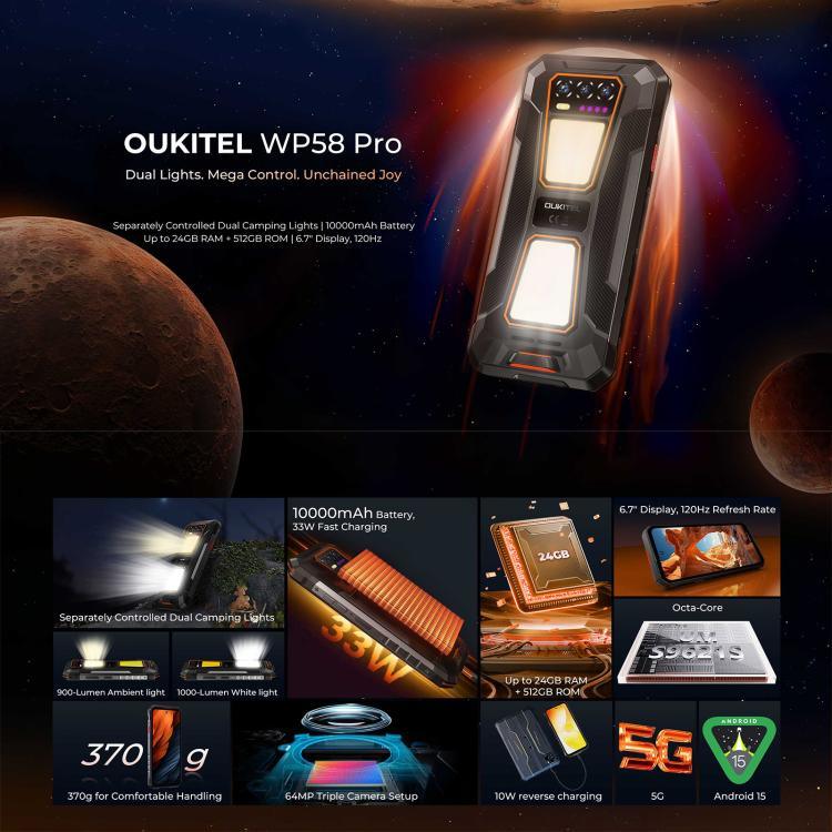 Oukitel WP58 Pro โทรศัพท์กันกระแทก, 8GB+512GB, สแกนลายนิ้วมือด้านข้าง, 6.7 นิ้ว Android 15 UMS9621S Octa Core, NFC, OTG, เครือข่าย: 5G, 8GB+512GB