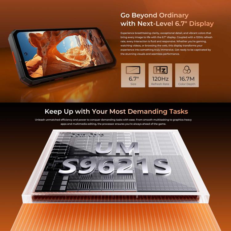 Oukitel WP58 Pro โทรศัพท์กันกระแทก, 8GB+256GB, สแกนลายนิ้วมือด้านข้าง, 6.7 นิ้ว Android 15 UMS9621S Octa Core, NFC, OTG, เครือข่าย: 5G, 8GB+256GB