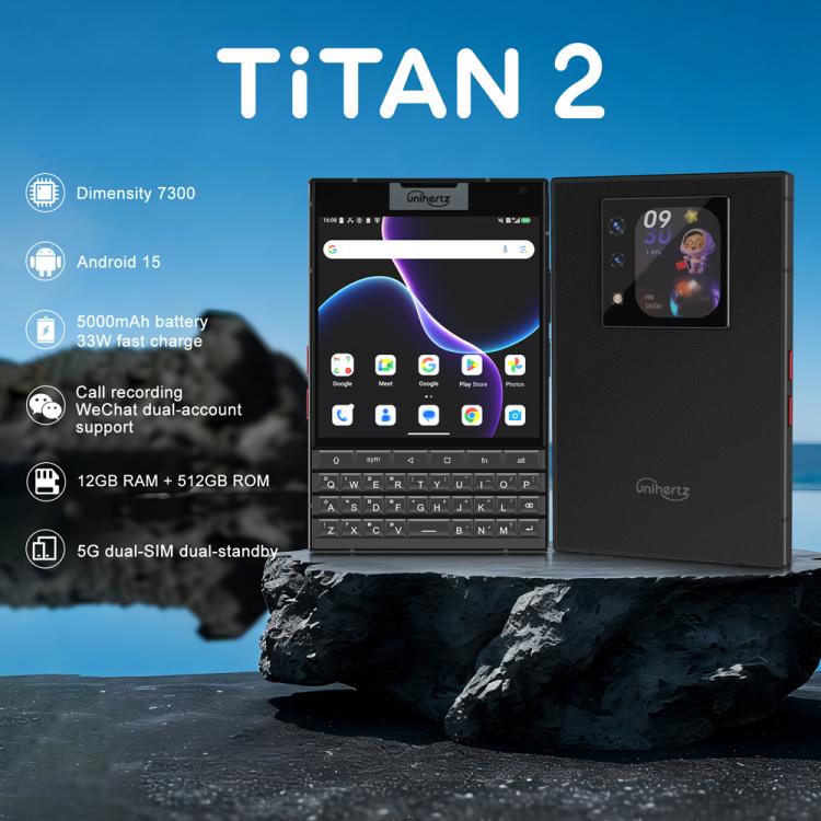 Unihertz Titan 2 โทรศัพท์คีย์บอร์ด QWERTY, 12GB+512GB, สแกนลายนิ้วมือ, 4.5 นิ้ว + 2 นิ้ว Android 15 Dimensity 7300 5G Octa-Core, เครือข่าย: 5G, NFC, OTG