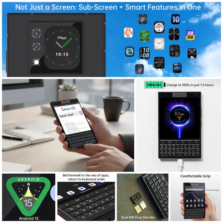 Unihertz Titan 2 โทรศัพท์คีย์บอร์ด QWERTY, 12GB+512GB, สแกนลายนิ้วมือ, 4.5 นิ้ว + 2 นิ้ว Android 15 Dimensity 7300 5G Octa-Core, เครือข่าย: 5G, NFC, OTG