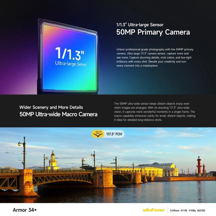 Ulefone Armor 34+, 16GB+512GB, มองเห็นในที่มืด, โทรศัพท์กันน้ำกันฝุ่น IP68/IP69K, 6.95 นิ้ว Android 15 MediaTek Dimensity 7400X Octa Core, เครือข่าย: 5G, NFC, OTG, Armor 34+