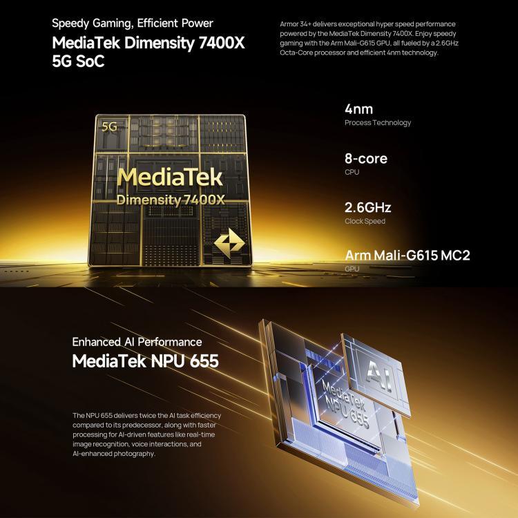 Ulefone Armor 34+, 16GB+512GB, มองเห็นในที่มืด, โทรศัพท์กันน้ำกันฝุ่น IP68/IP69K, 6.95 นิ้ว Android 15 MediaTek Dimensity 7400X Octa Core, เครือข่าย: 5G, NFC, OTG, Armor 34+