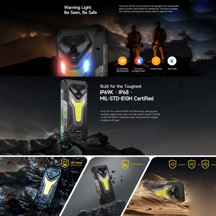Ulefone Armor 34 Pro+ โปรเจคเตอร์, 16GB+512GB, มองเห็นในที่มืด, โทรศัพท์กันน้ำกันฝุ่น IP68/IP69K, 6.95 นิ้ว Android 15 MediaTek Dimensity 7400X Octa Core, เครือข่าย: 5G, NFC, OTG, Armor 34 Pro+
