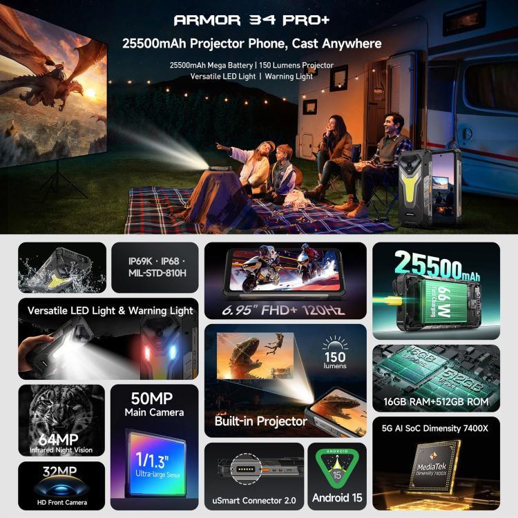 Ulefone Armor 34 Pro+ โปรเจคเตอร์, 16GB+512GB, มองเห็นในที่มืด, โทรศัพท์กันน้ำกันฝุ่น IP68/IP69K, 6.95 นิ้ว Android 15 MediaTek Dimensity 7400X Octa Core, เครือข่าย: 5G, NFC, OTG, Armor 34 Pro+