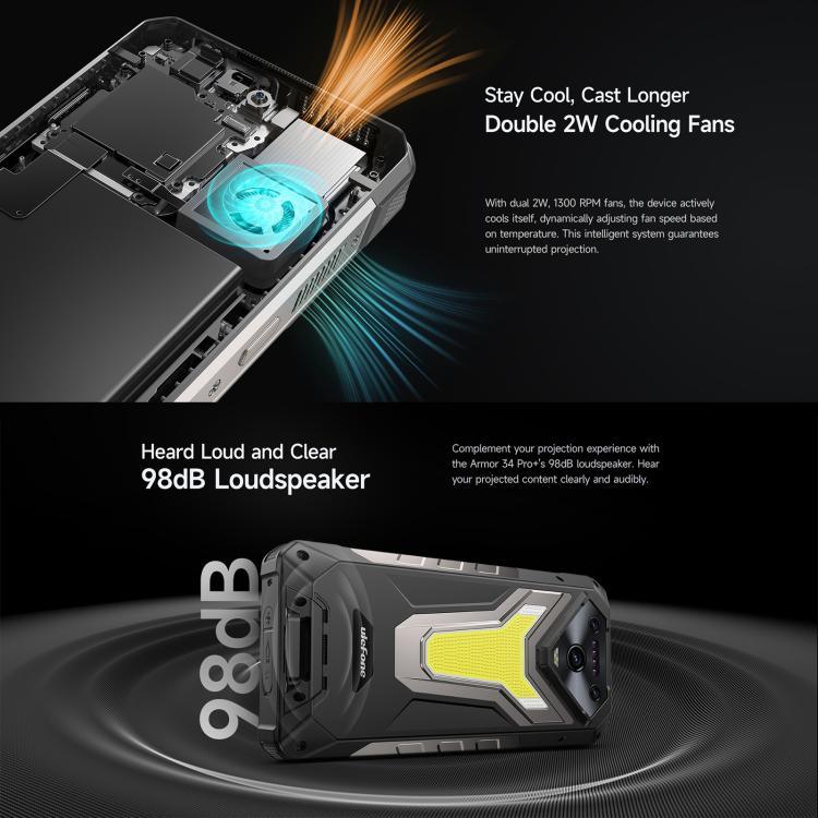 Ulefone Armor 34 Pro+ โปรเจคเตอร์, 16GB+512GB, มองเห็นในที่มืด, โทรศัพท์กันน้ำกันฝุ่น IP68/IP69K, 6.95 นิ้ว Android 15 MediaTek Dimensity 7400X Octa Core, เครือข่าย: 5G, NFC, OTG, Armor 34 Pro+