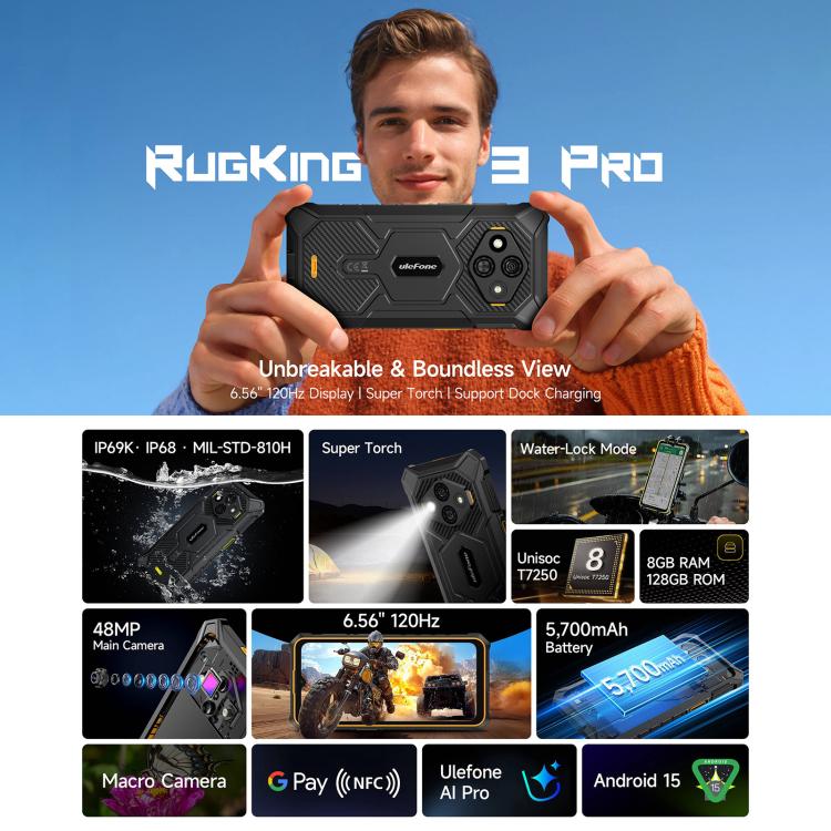 Ulefone RugKing 3 Pro, 8GB+128GB, โทรศัพท์กันน้ำกันฝุ่น IP68/IP69K, 6.56 นิ้ว Android 15 Unisoc T7250 Octa Core, เครือข่าย: 4G, NFC, OTG, RugKing 3 Pro, RugKing 3 Pro, 8GB+128GB