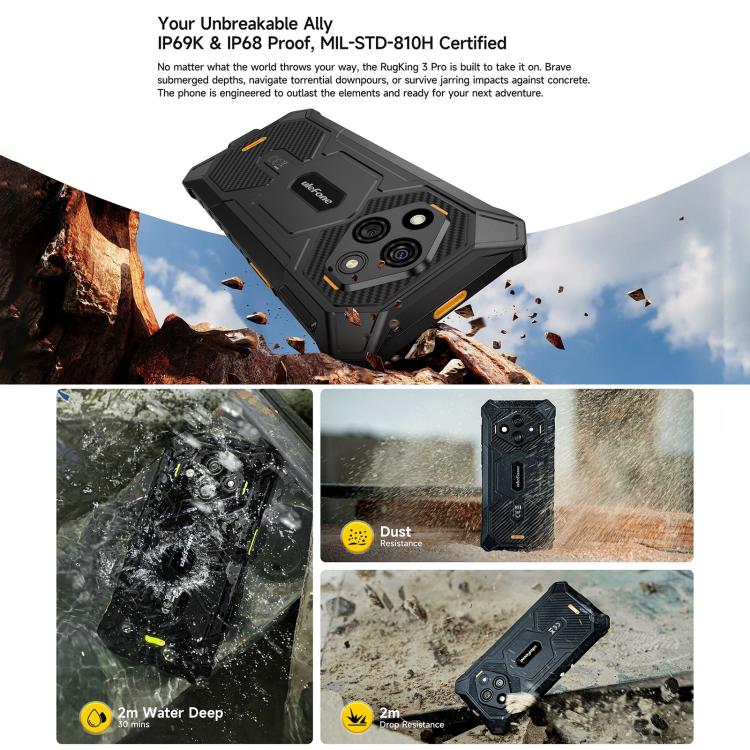 Ulefone RugKing 3 Pro, 8GB+128GB, โทรศัพท์กันน้ำกันฝุ่น IP68/IP69K, 6.56 นิ้ว Android 15 Unisoc T7250 Octa Core, เครือข่าย: 4G, NFC, OTG, RugKing 3 Pro, RugKing 3 Pro, 8GB+128GB