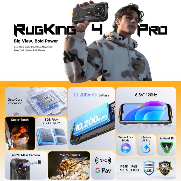 Ulefone RugKing 4 Pro, 8GB+256GB, โทรศัพท์กันน้ำกันฝุ่น IP68/IP69K, 6.56 นิ้ว Android 15 Unisoc T7250 Octa Core, เครือข่าย: 4G, NFC, OTG, RugKing 4 Pro, RugKing 4 Pro, 8GB+256GB