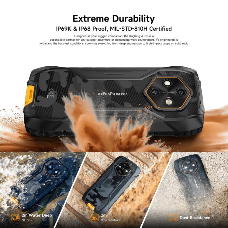 Ulefone RugKing 4 Pro, 8GB+256GB, โทรศัพท์กันน้ำกันฝุ่น IP68/IP69K, 6.56 นิ้ว Android 15 Unisoc T7250 Octa Core, เครือข่าย: 4G, NFC, OTG, RugKing 4 Pro, RugKing 4 Pro, 8GB+256GB