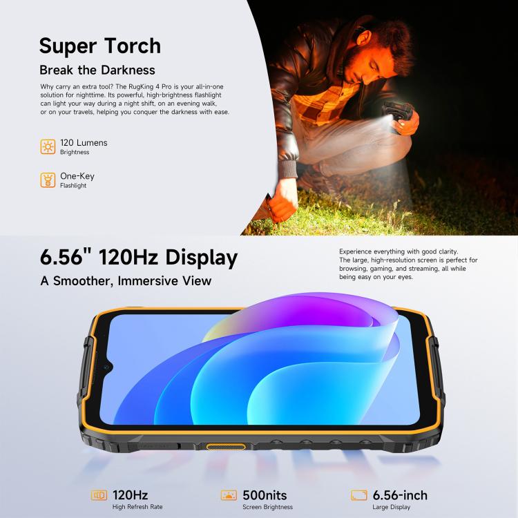 Ulefone RugKing 4 Pro, 8GB+256GB, โทรศัพท์กันน้ำกันฝุ่น IP68/IP69K, 6.56 นิ้ว Android 15 Unisoc T7250 Octa Core, เครือข่าย: 4G, NFC, OTG, RugKing 4 Pro, RugKing 4 Pro, 8GB+256GB