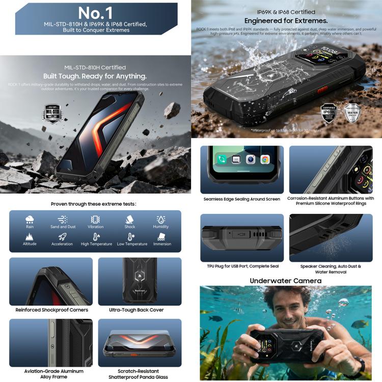 Blackview ROCK 1 โทรศัพท์กันกระแทก, 8GB+256GB, 6.56 นิ้ว Android 16 MT6769V/CB Helio G81 Octa Core, เครือข่าย: 4G, OTG, NFC, ROCK 1 8GB+256GB