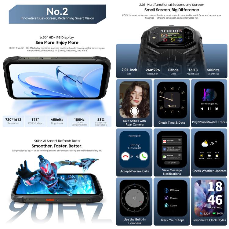 Blackview ROCK 1 โทรศัพท์กันกระแทก, 8GB+256GB, 6.56 นิ้ว Android 16 MT6769V/CB Helio G81 Octa Core, เครือข่าย: 4G, OTG, NFC, ROCK 1 8GB+256GB