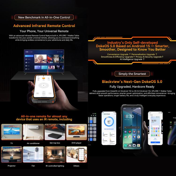 Blackview XPLORE 1 โทรศัพท์กันกระแทกพร้อมวิทยุสื่อสาร, 12GB+256GB, 6.78 นิ้ว Android 15 Dimensity 7050 MT8791V/HZA Octa Core, เครือข่าย: 5G, OTG, NFC, XPLORE 1 วิทยุสื่อสาร 12GB+256GB