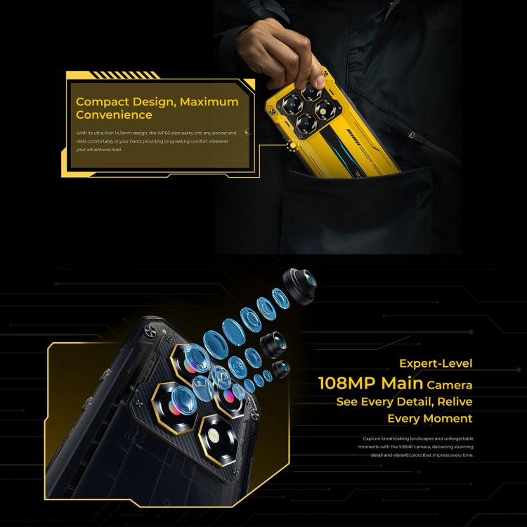 โทรศัพท์ Oukitel WP60 ทนทาน, 12GB+512GB, กล้องมองกลางคืน, กล้อง 108MP, สแกนลายนิ้วมือด้านข้าง, 7.2 นิ้ว Android 15 MediaTek Dimensity 7025 Octa Core, NFC, OTG, เครือข่าย: 5G, 12GB+512GB