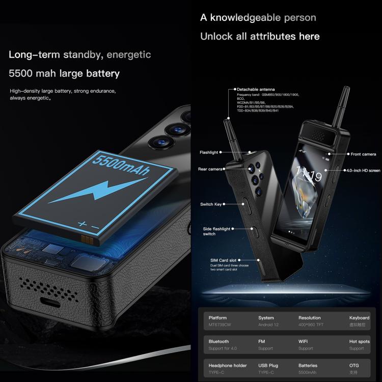 SOYES W88 Pro, 4GB+64GB, แบตเตอรี่ 4600mAh, 4.0 นิ้ว Android 12 MTK6739CW Quad Core, เครือข่าย: 4G, OTG, ซิมคู่, W88 Pro, 4GB+64GB