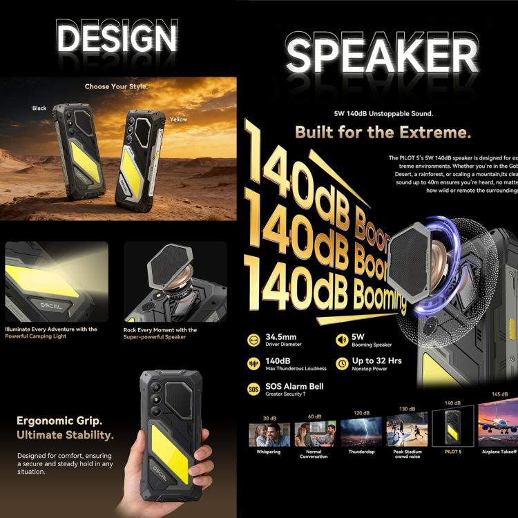 Blackview Oscal Pilot 5 โทรศัพท์กันกระแทก 5G, 8GB+256GB, 6.67 นิ้ว Android 16 UMS9620 T8100 Octa Core, เครือข่าย: 5G, OTG, NFC