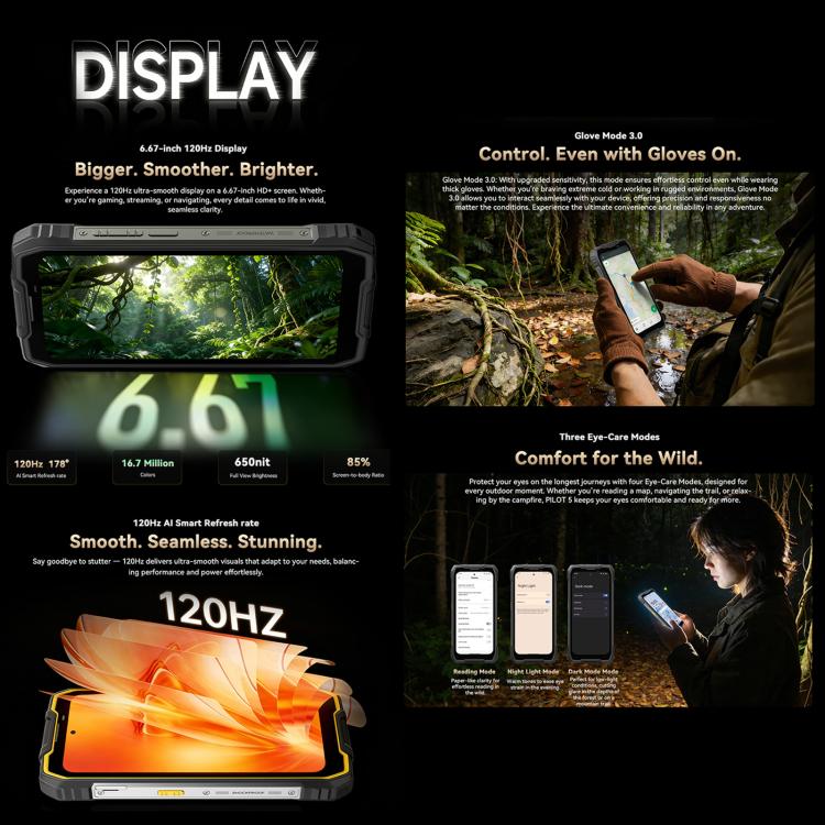 Blackview Oscal Pilot 5 โทรศัพท์กันกระแทก 5G, 8GB+256GB, 6.67 นิ้ว Android 16 UMS9620 T8100 Octa Core, เครือข่าย: 5G, OTG, NFC