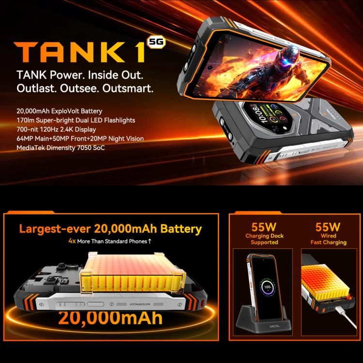Blackview Oscal TANK 1, 12GB+256GB, 6.78 นิ้ว Android 15 DokeOS 4.2 Mediatek Dimensity 7050 Octa Core, เครือข่าย: 5G, OTG, NFC, 12GB+256GB